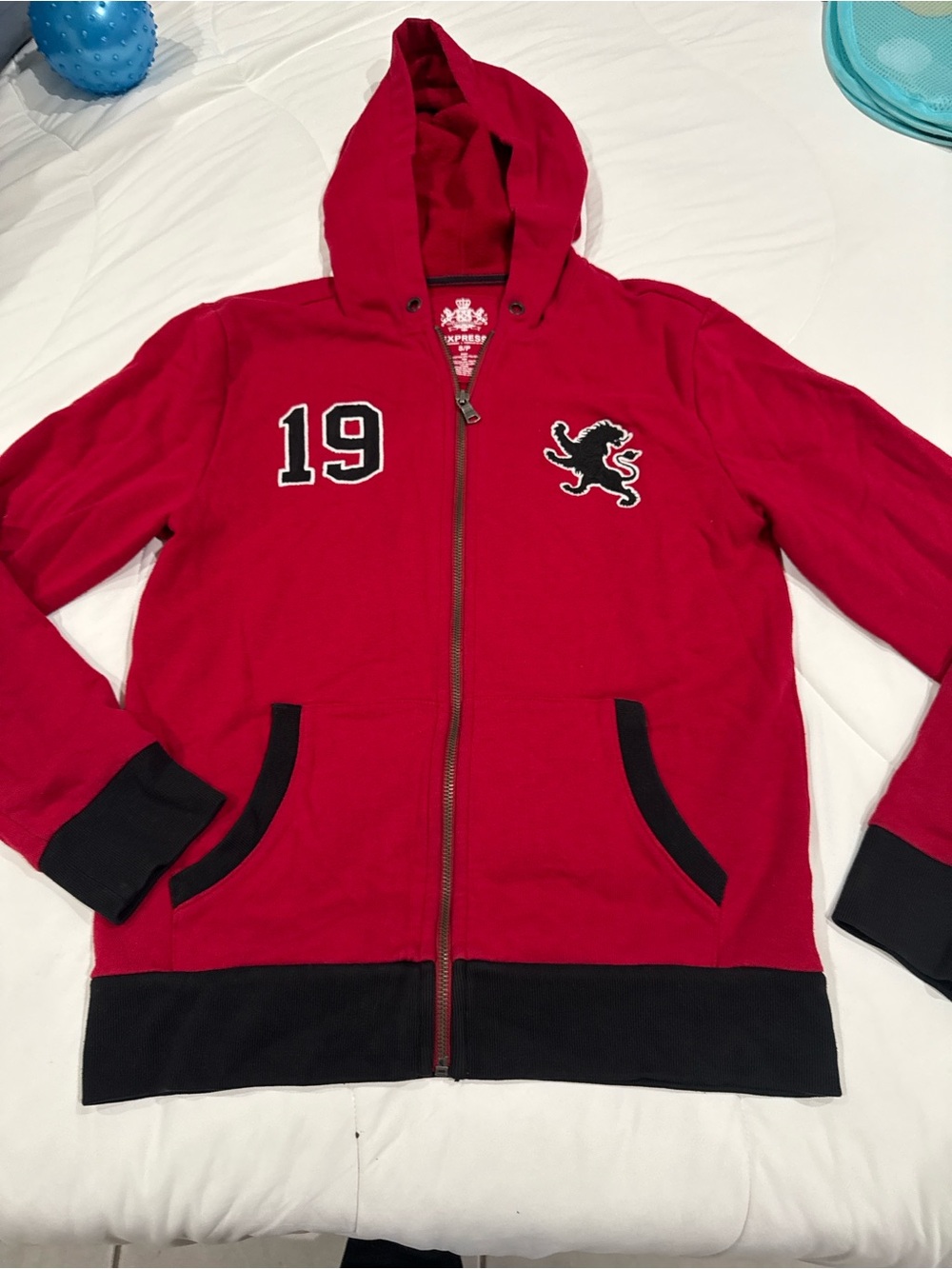 Express Red Zip-Up Hoodie with Black Trim and Lion Patch